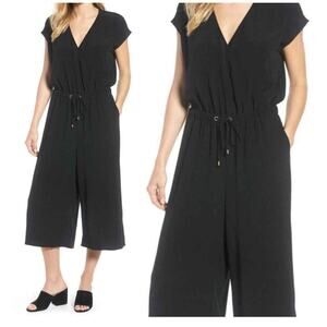 Eileen Fisher NWT Wide Leg Crop Jumpsuit Wrap Size M Black Tencel Drawstring